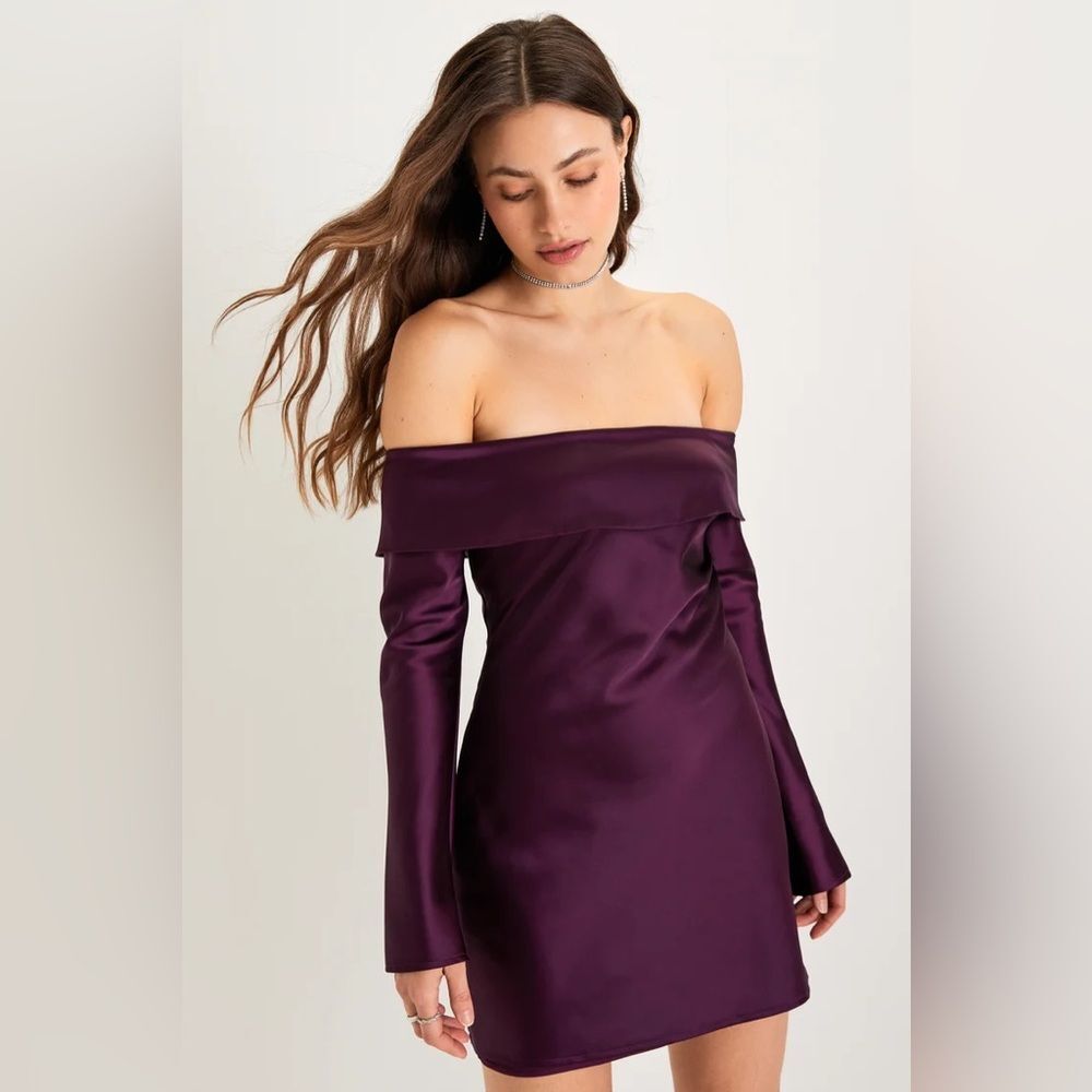 Lulus Luxurious Vision Plum Purple Satin Off-the-Shoulder Mini Dress